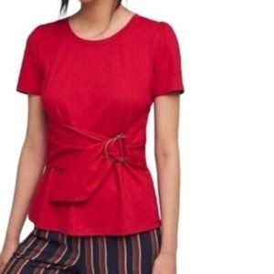Maeve Anthropologie Dakota Buckle Wrap Top Red Short Sleeve Women's M